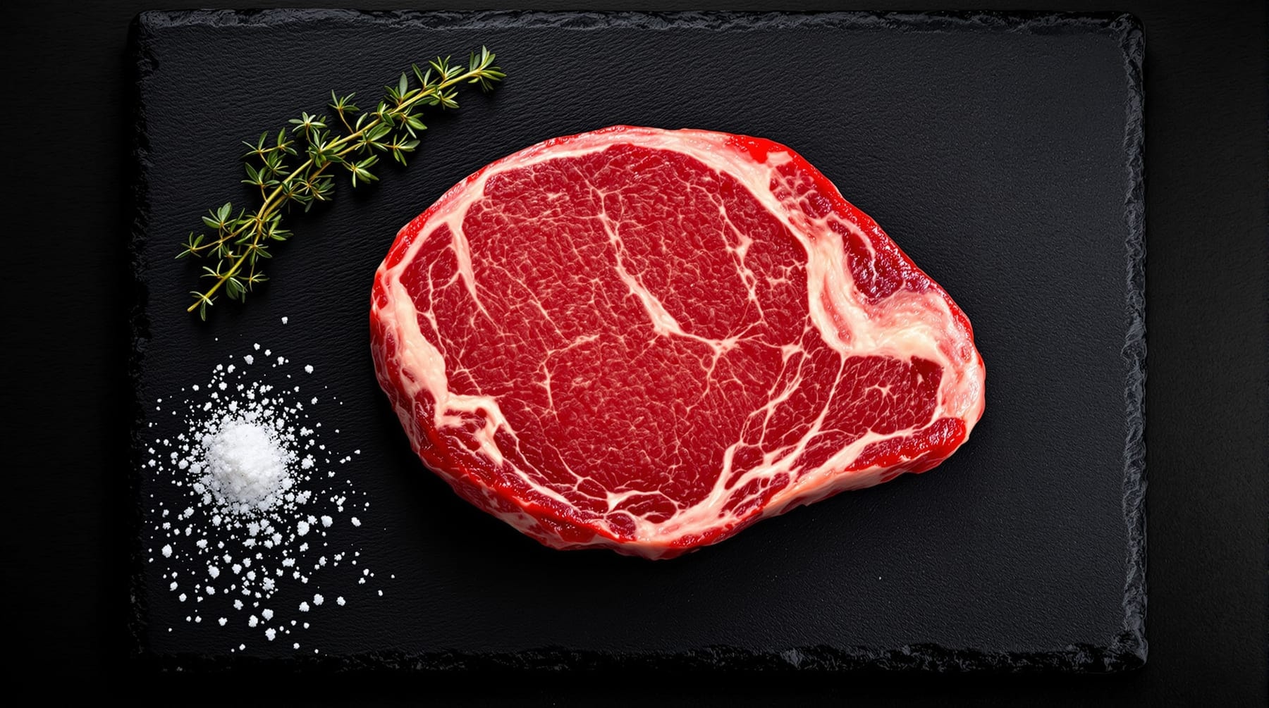 Raw well-marbled beef ribeye steak showing intramuscular fat on a slate board