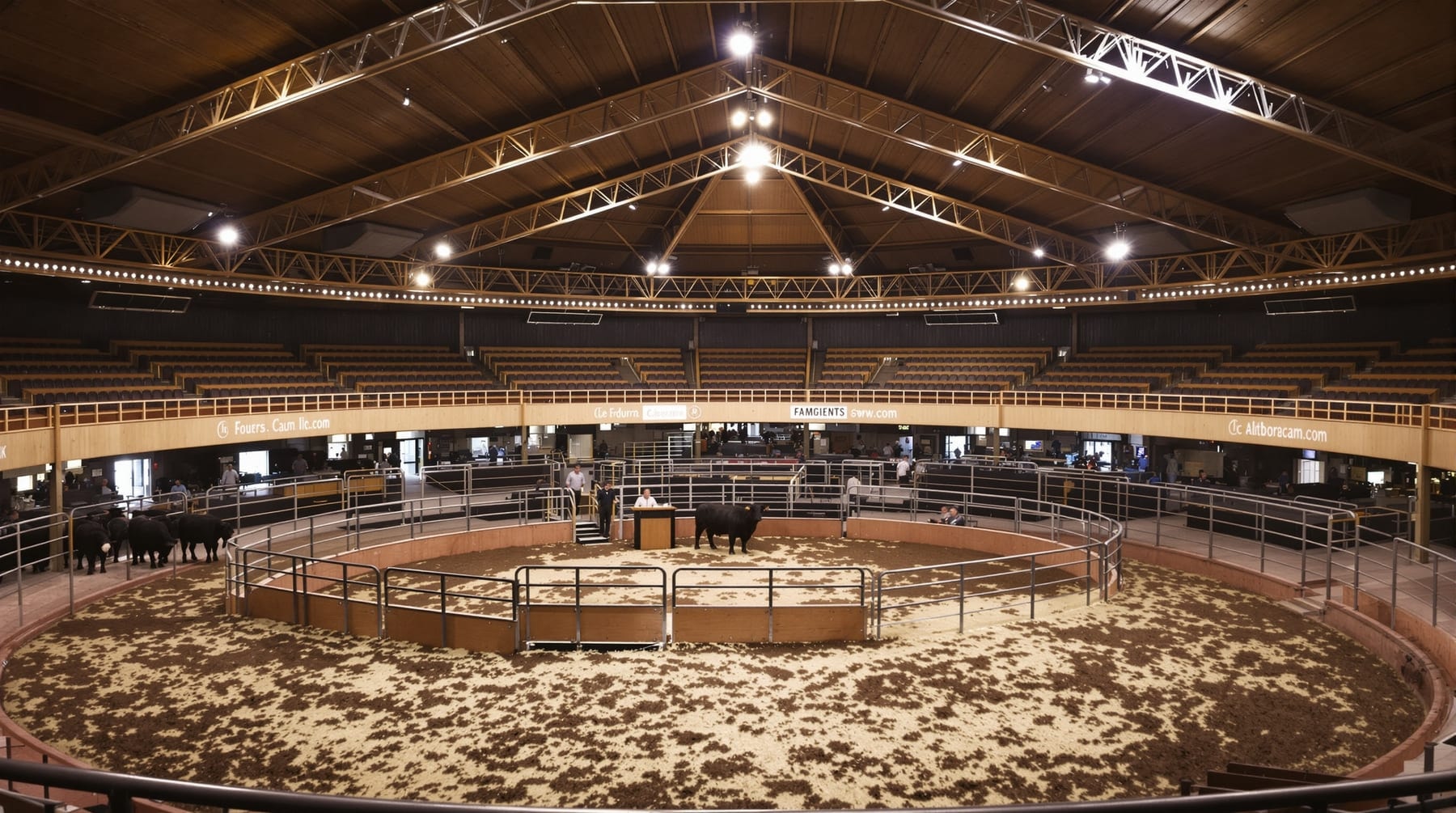 Interior of a rural Alberta cattle auction sale ring with tiered seating