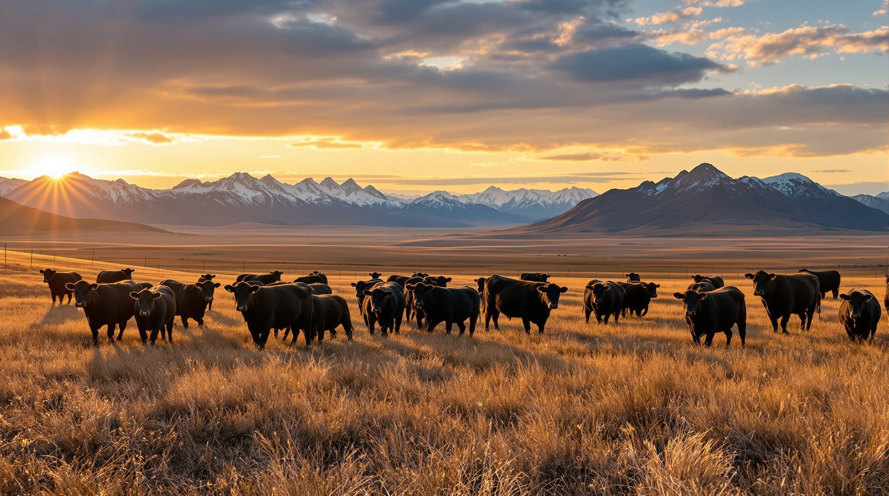 Black Angus cattle grazing on Alberta foothills rangeland at golden hour