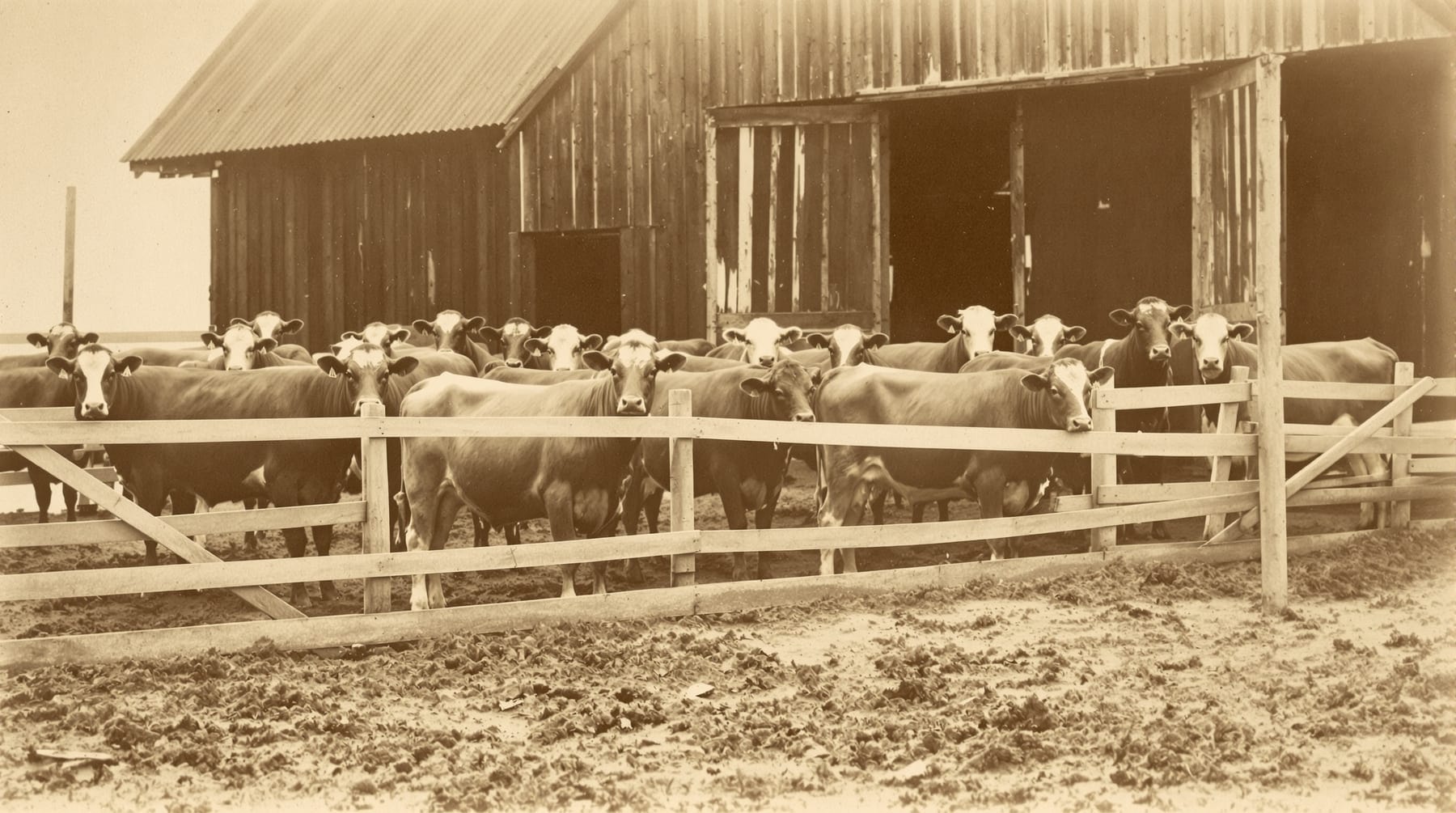 Early twentieth century Aberdeen-Angus cattle in a prairie stockyard pen