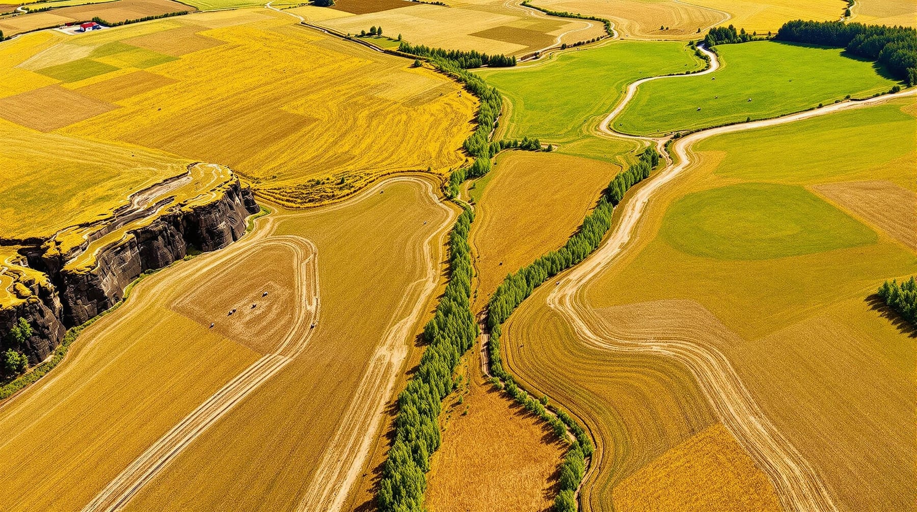 Aerial view of Alberta aspen parkland with hayfields, aspen bluffs and pasture