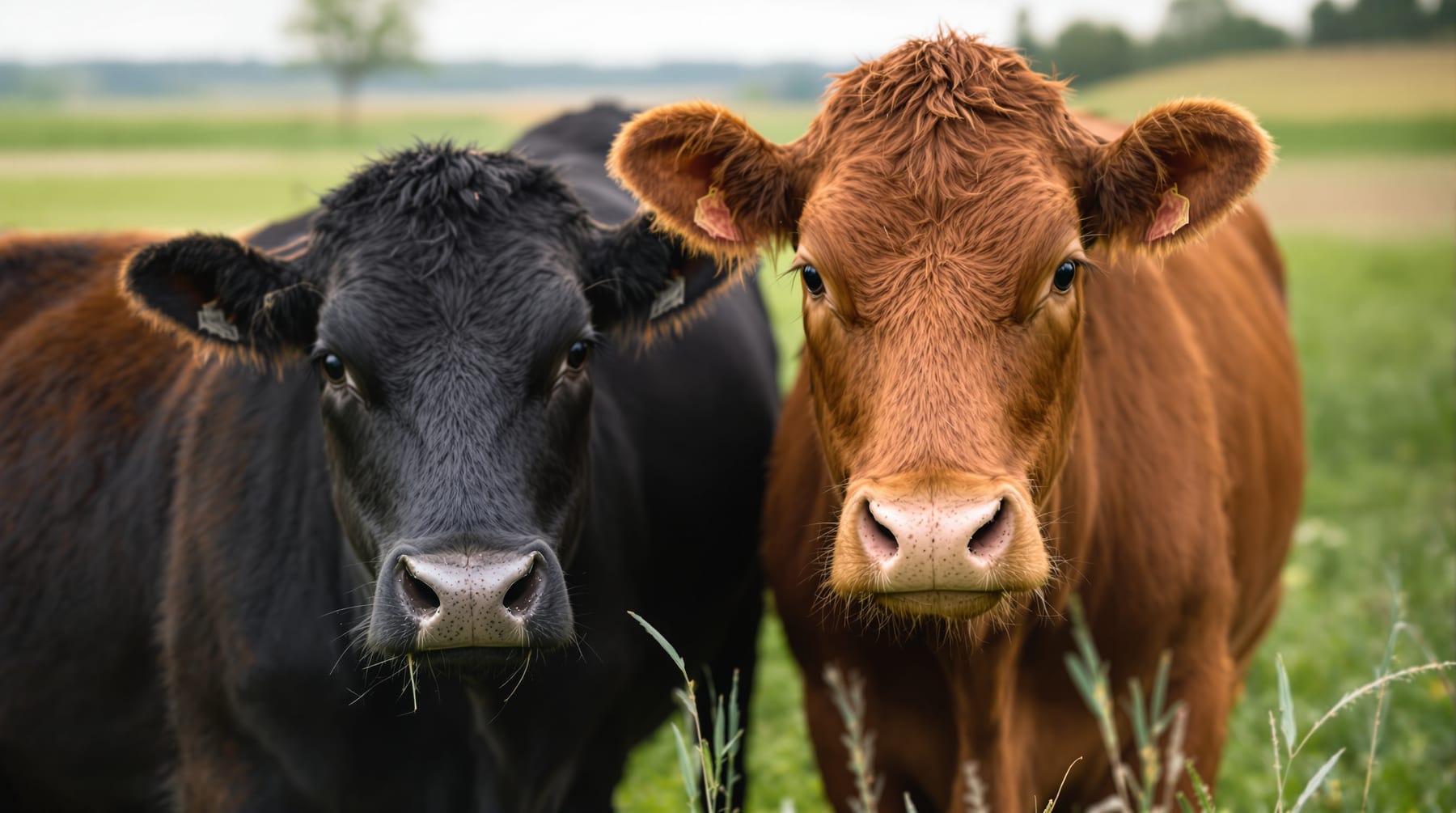 A red Angus cow and a black Angus cow standing together in an Alberta pasture