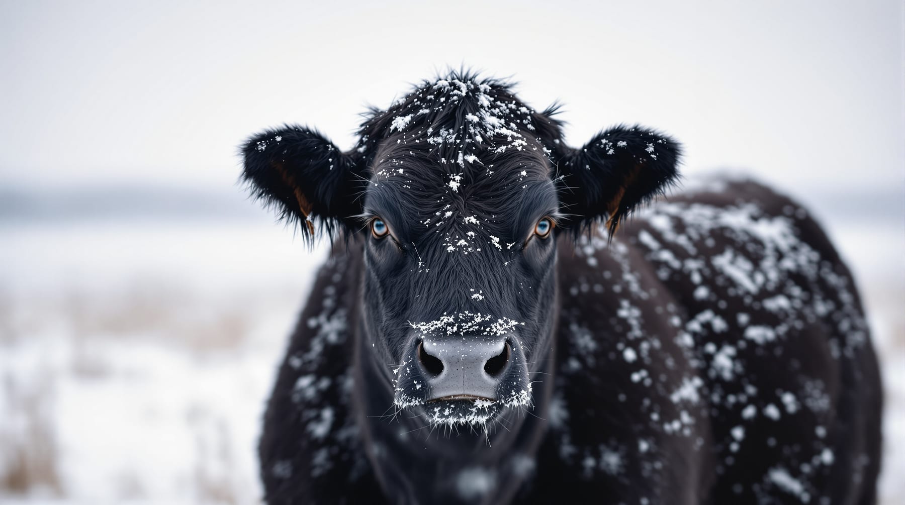 Black Angus cow in winter coat with frost on her muzzle on an Alberta field