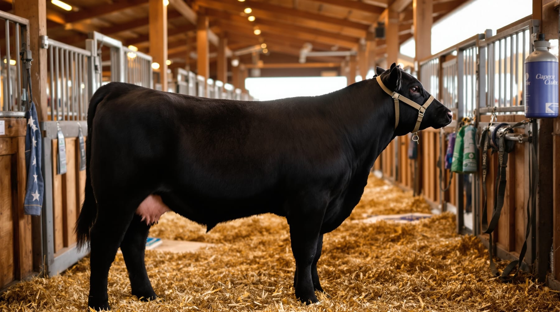 Groomed black Angus show heifer standing in a straw-bedded barn aisle
